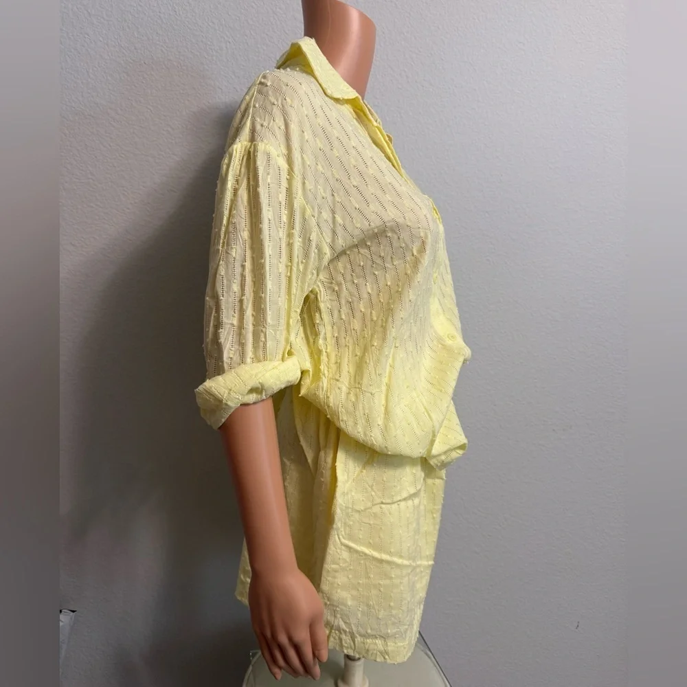 Yellow Sheer Textured Button-Up Shirt and Shorts Swim Cover Set